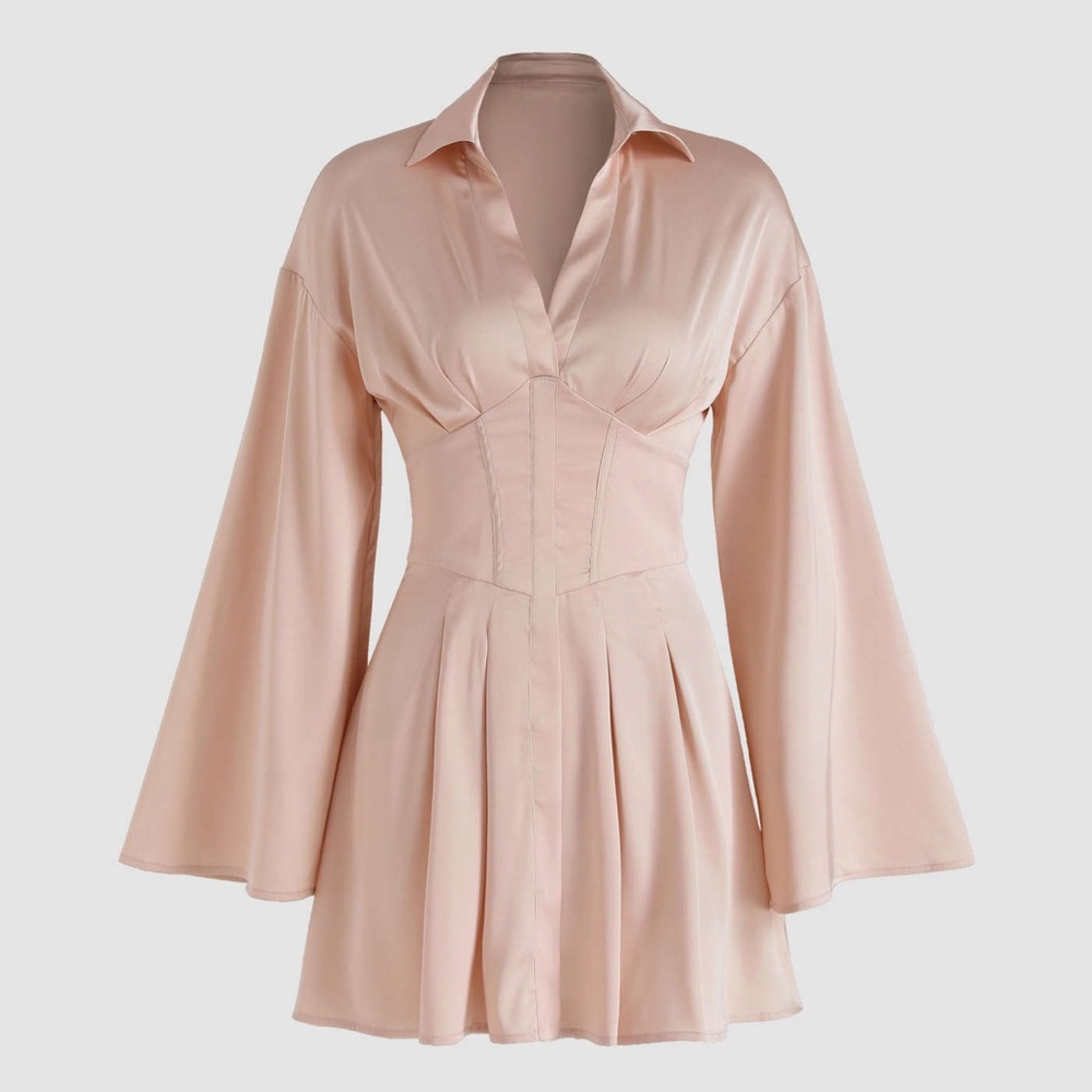 Cider satin bell sleeve corset dress in blush